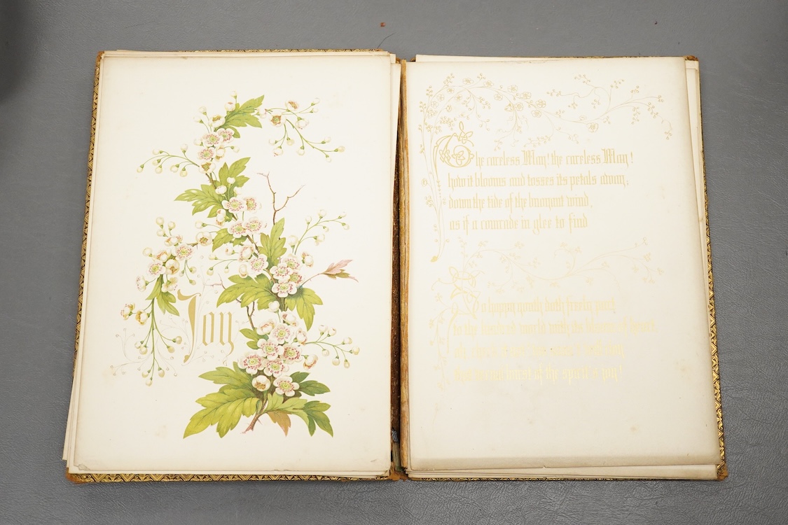 Two early 20th century stamped leather books with illuminated pages, calligraphy and floral designs